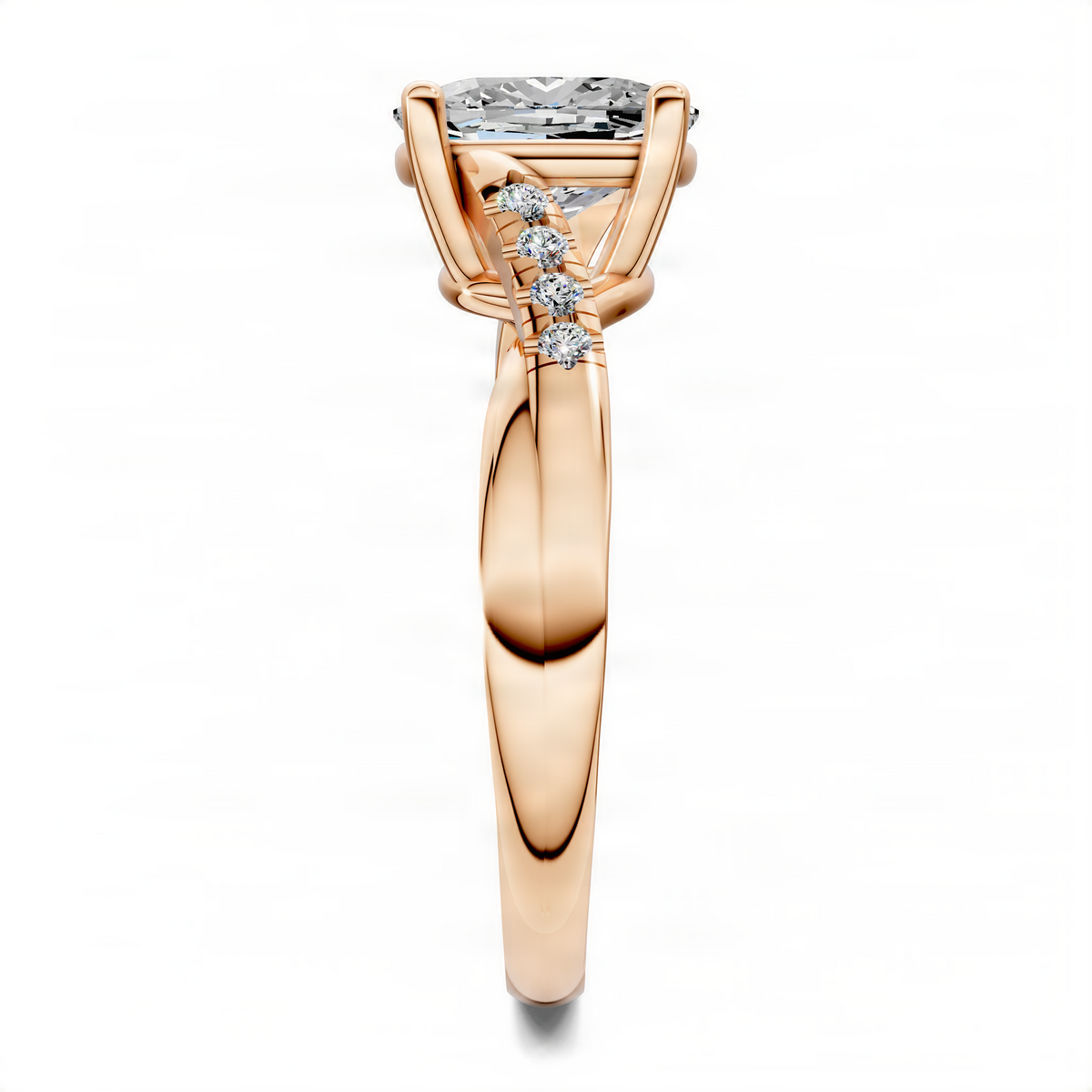 Twisted pavé cushion-cut ring with large center stone, side view