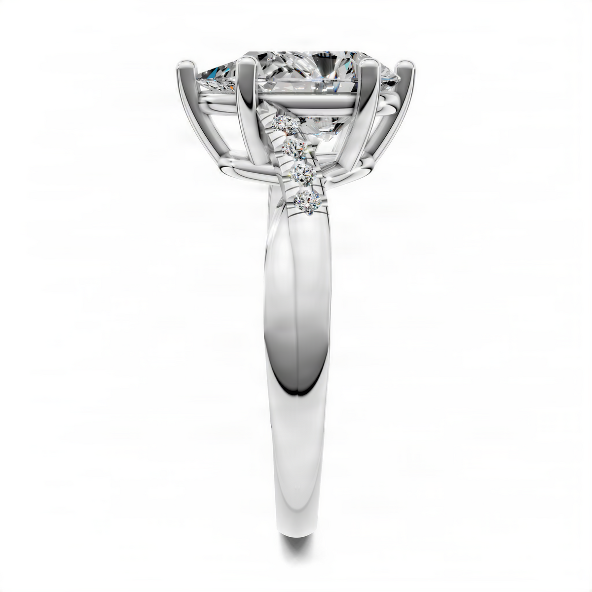 Pear-cut pavé ring in white metal, side view