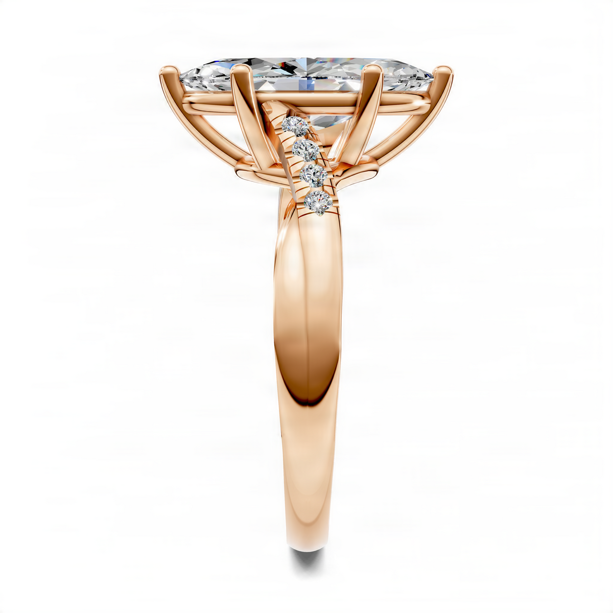 Marquise pavé ring in yellow gold with twisted band and diamond accents