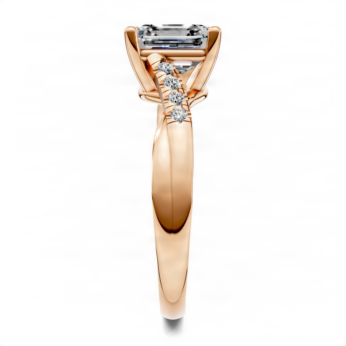 Twisted pavé ring with asscher-cut center stone in yellow gold setting