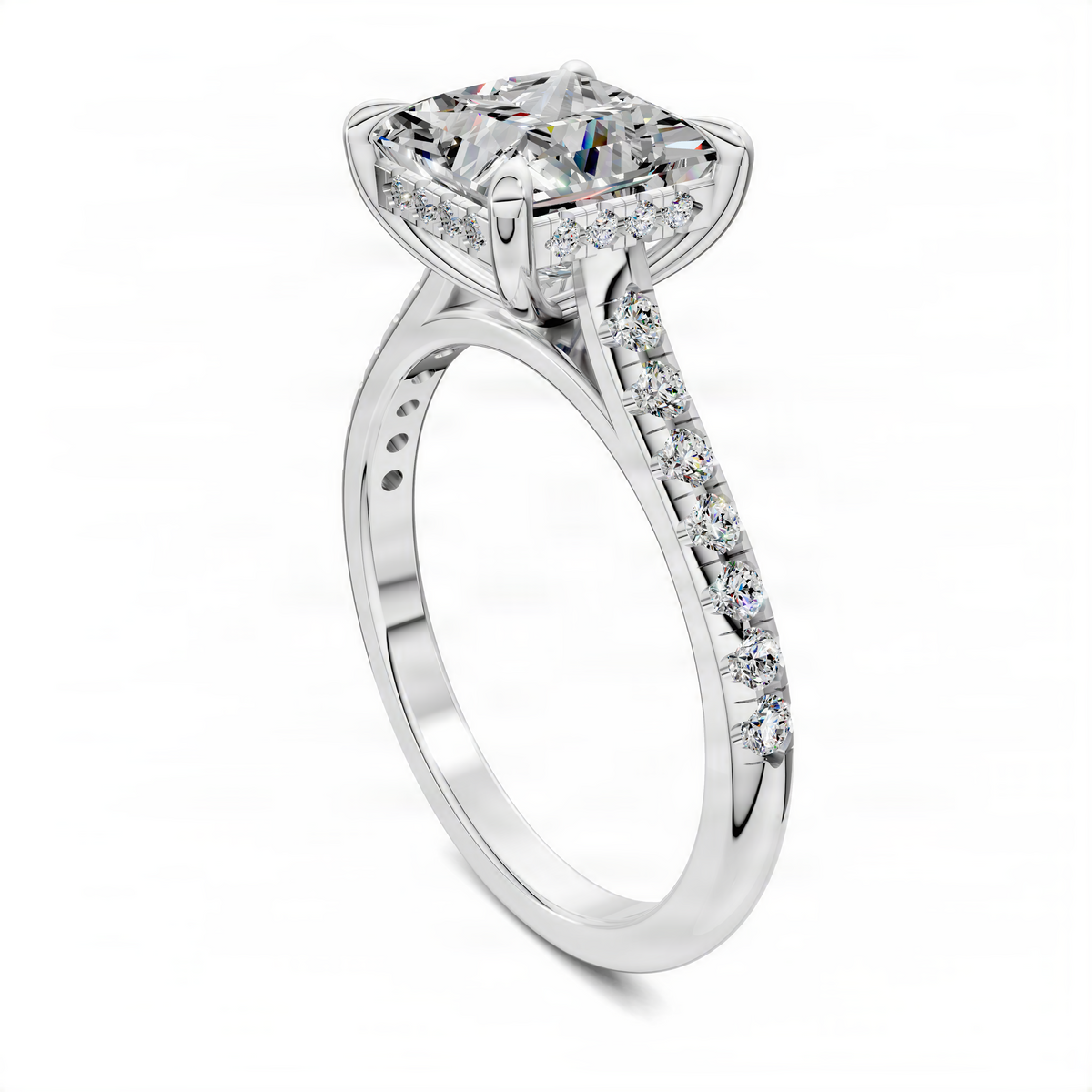 Pavé cathedral engagement ring with hidden halo and round center stone