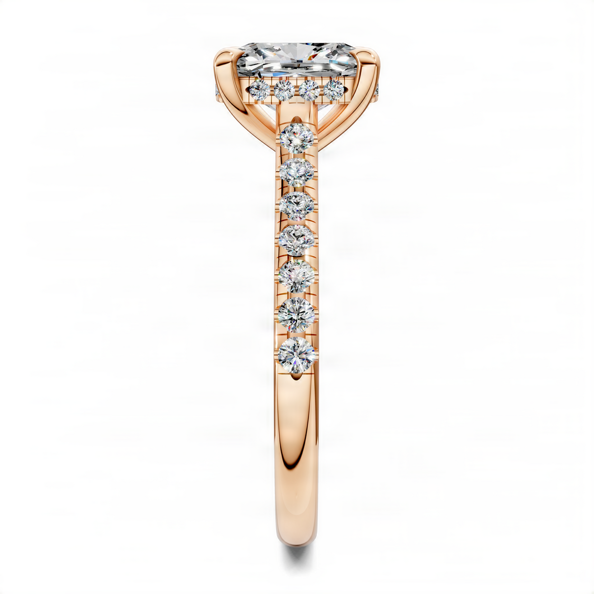 Opes cushion hidden halo cathedral pavé ring, side view in rose gold