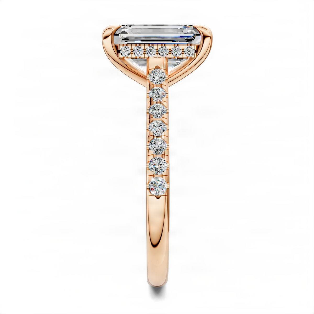 Emerald-cut hidden halo cathedral pavé ring in rose gold