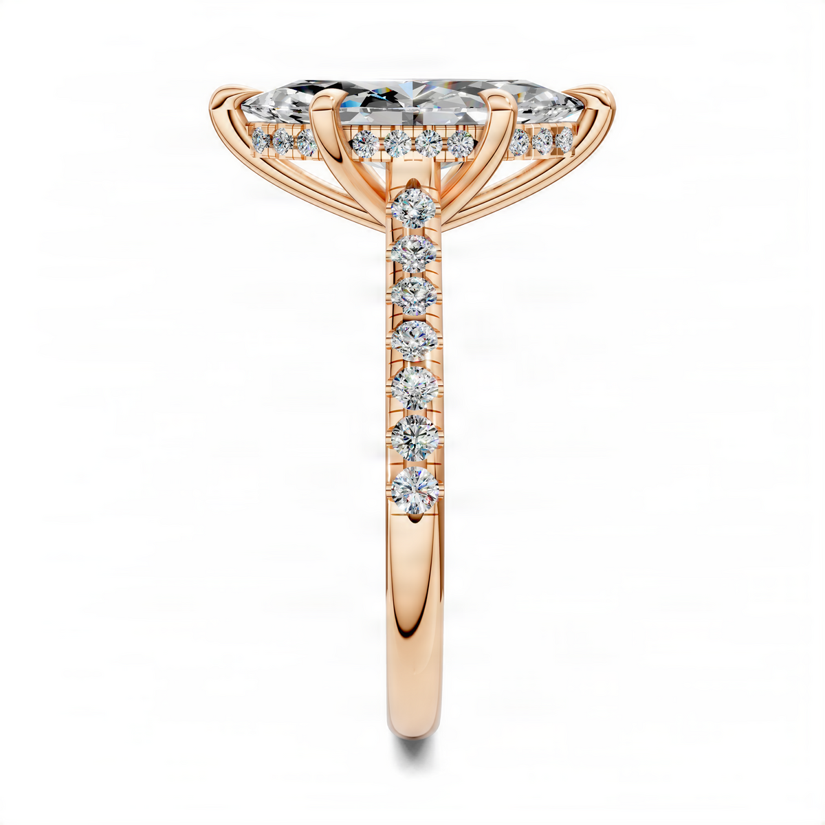 Yellow gold cathedral pavé engagement ring with hidden halo and round center stone