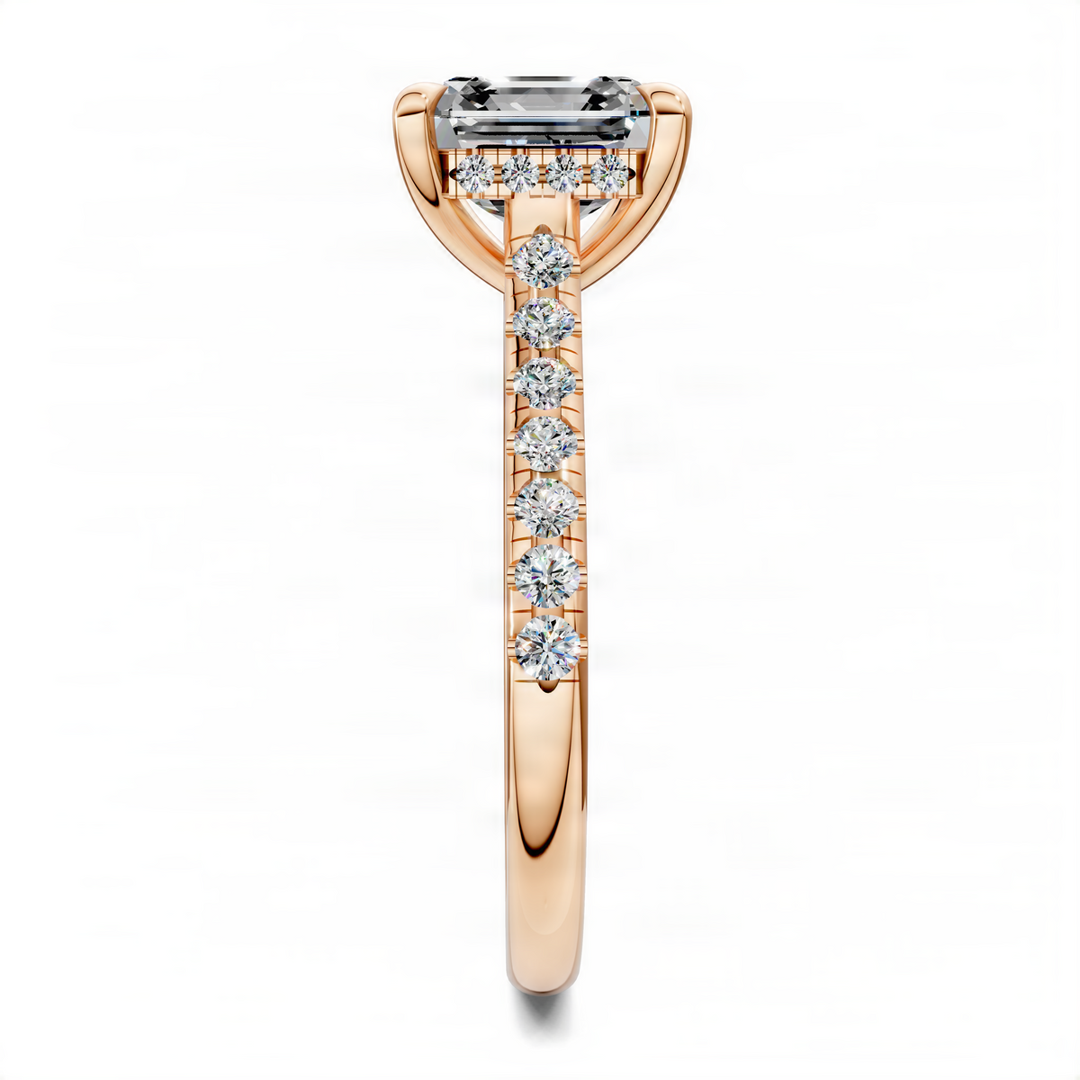 Asscher hidden halo cathedral pavé ring in rose gold, side view