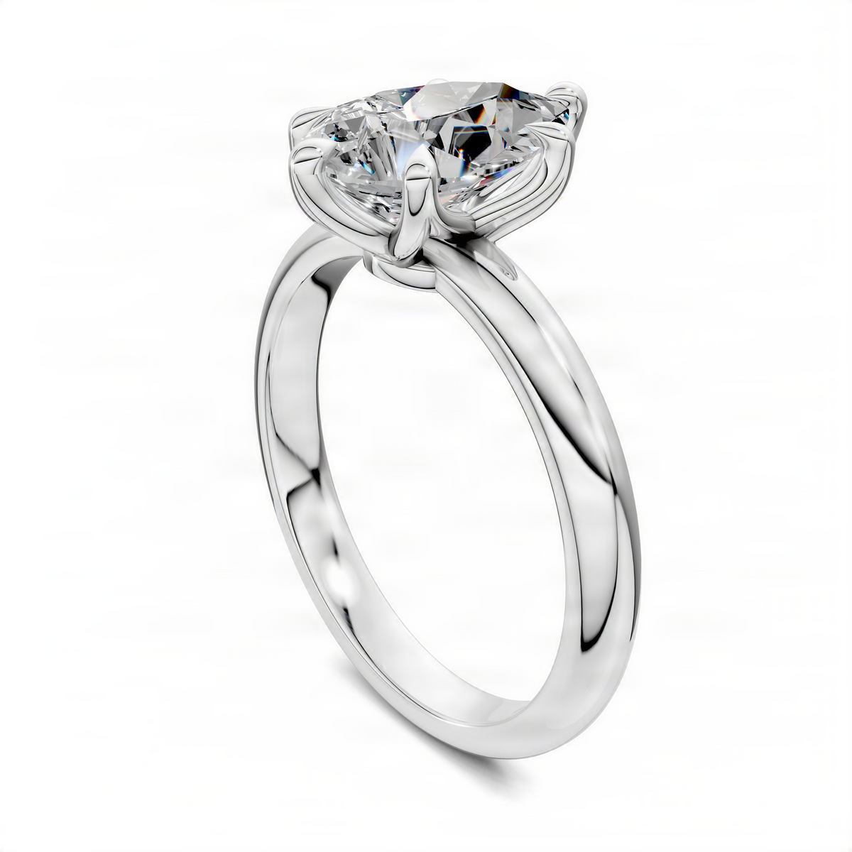 White gold pear-shaped diamond ring, floral halo basket detail and curved shank