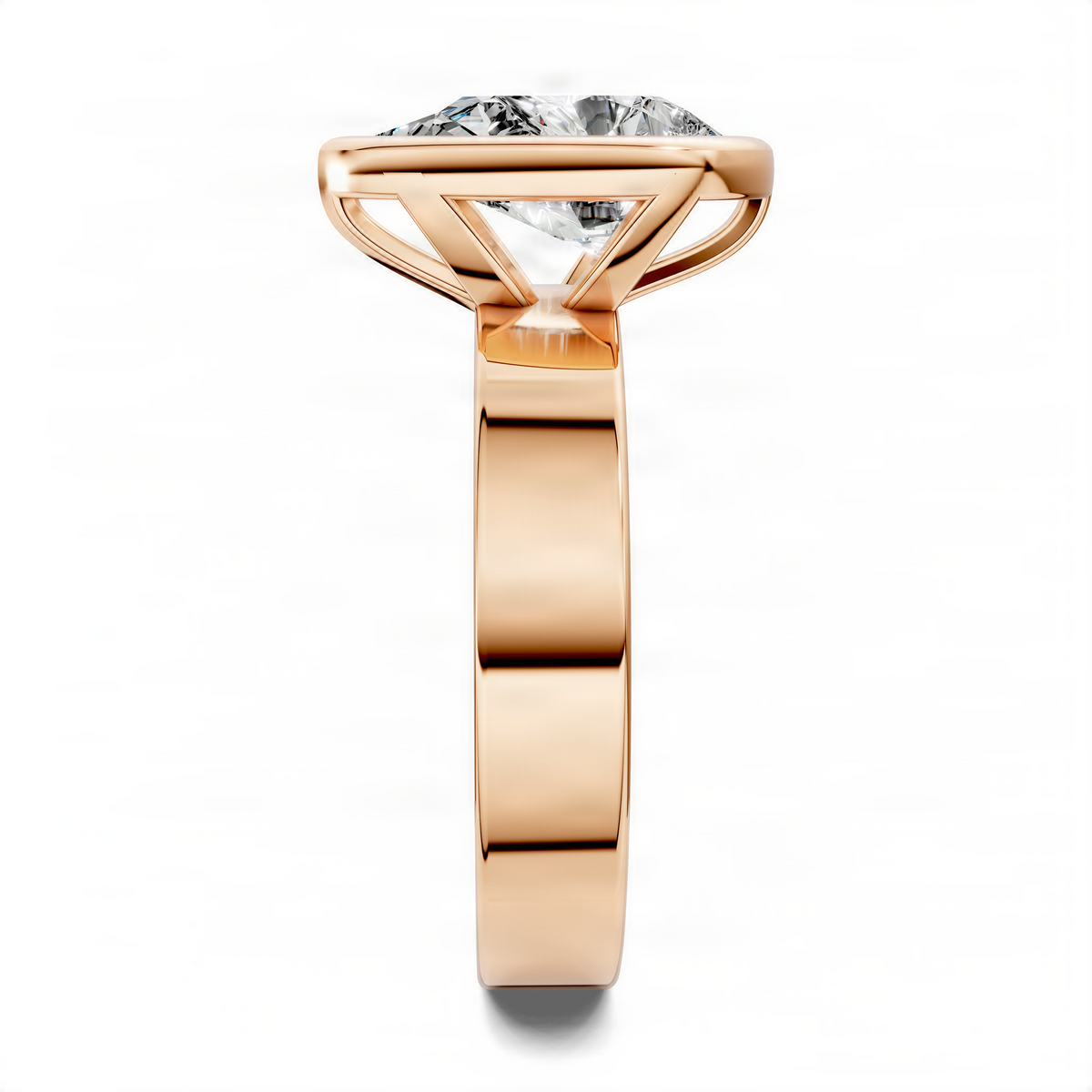 Rose gold pear-cut bezel solitaire ring viewed from front, prongless set stone