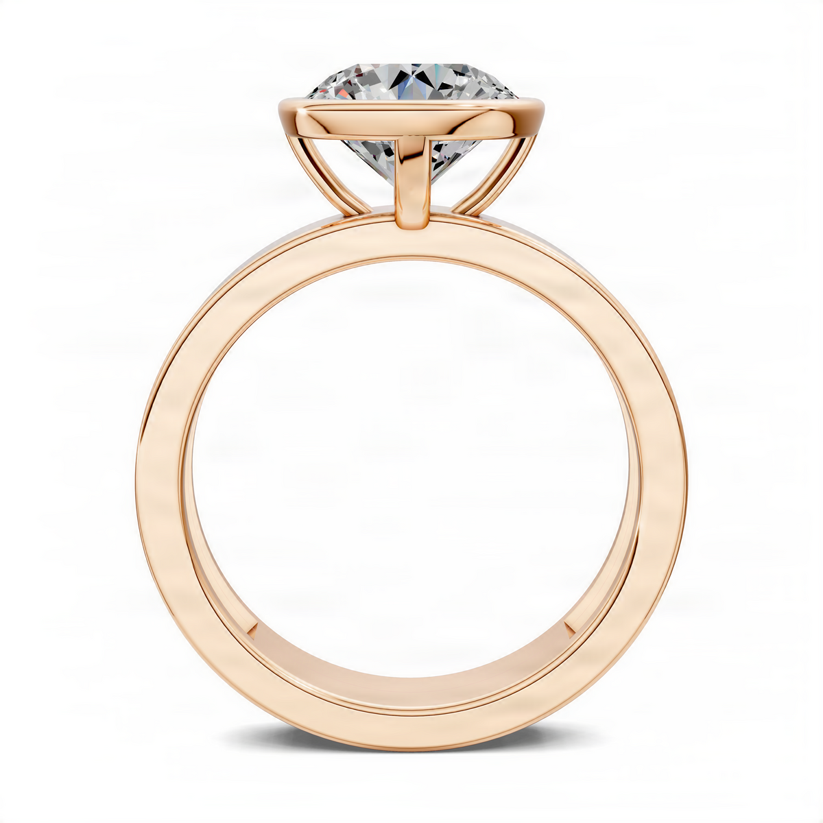 Round bezel solitaire ring with clear center stone, rose-gold bezel and slim band.