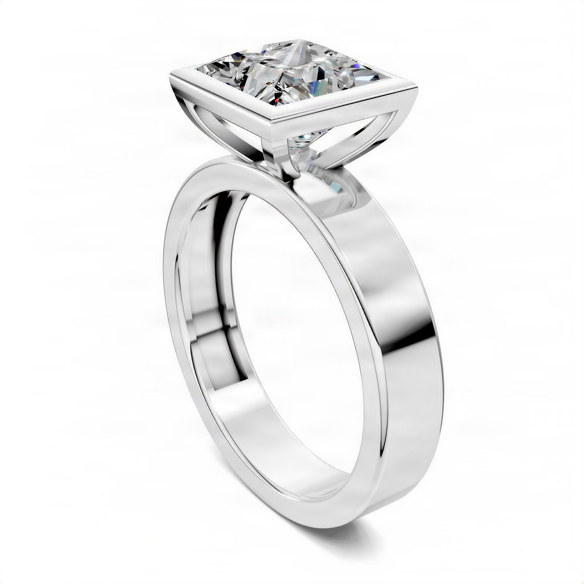 White metal bezel solitaire ring with princess-cut diamond and smooth polished band