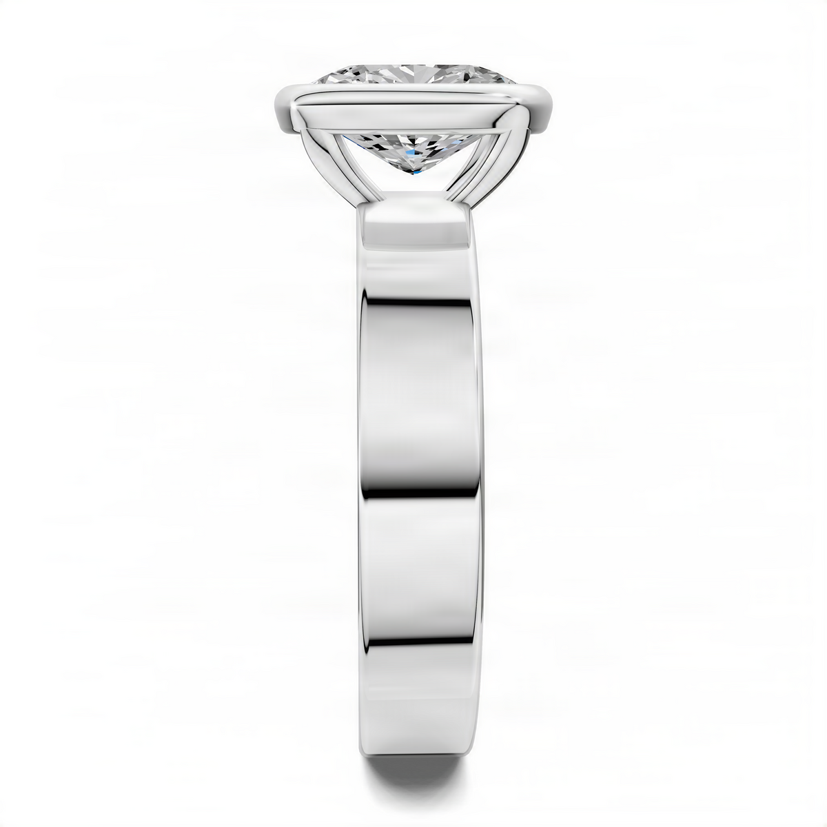 Platinum cushion bezel solitaire ring with oval-cut diamond, front view