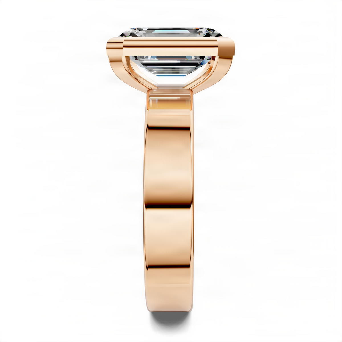 Rose gold bezel-set solitaire ring with emerald-cut center stone