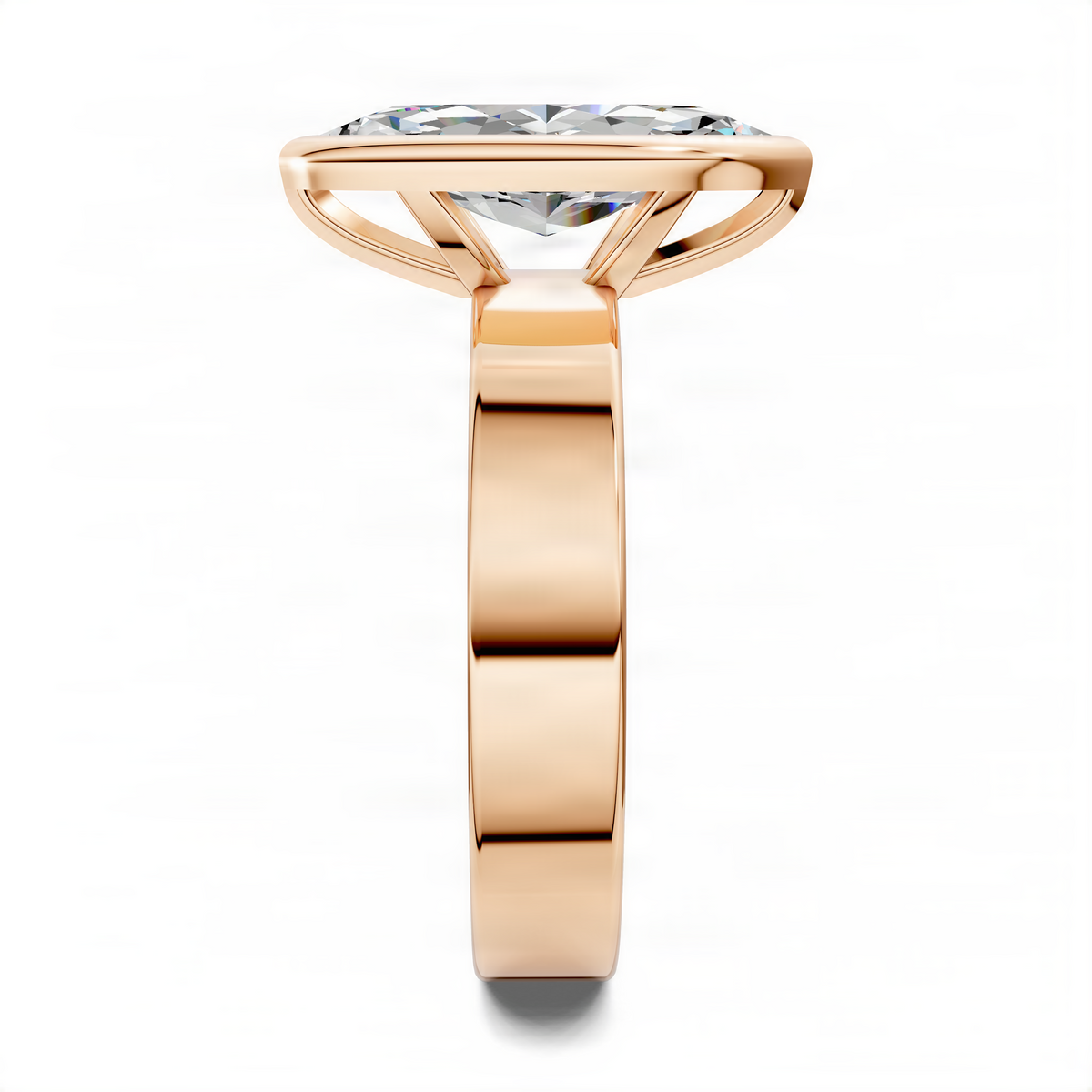 Rose gold marquise bezel solitaire ring, top view of center gemstone and bezel