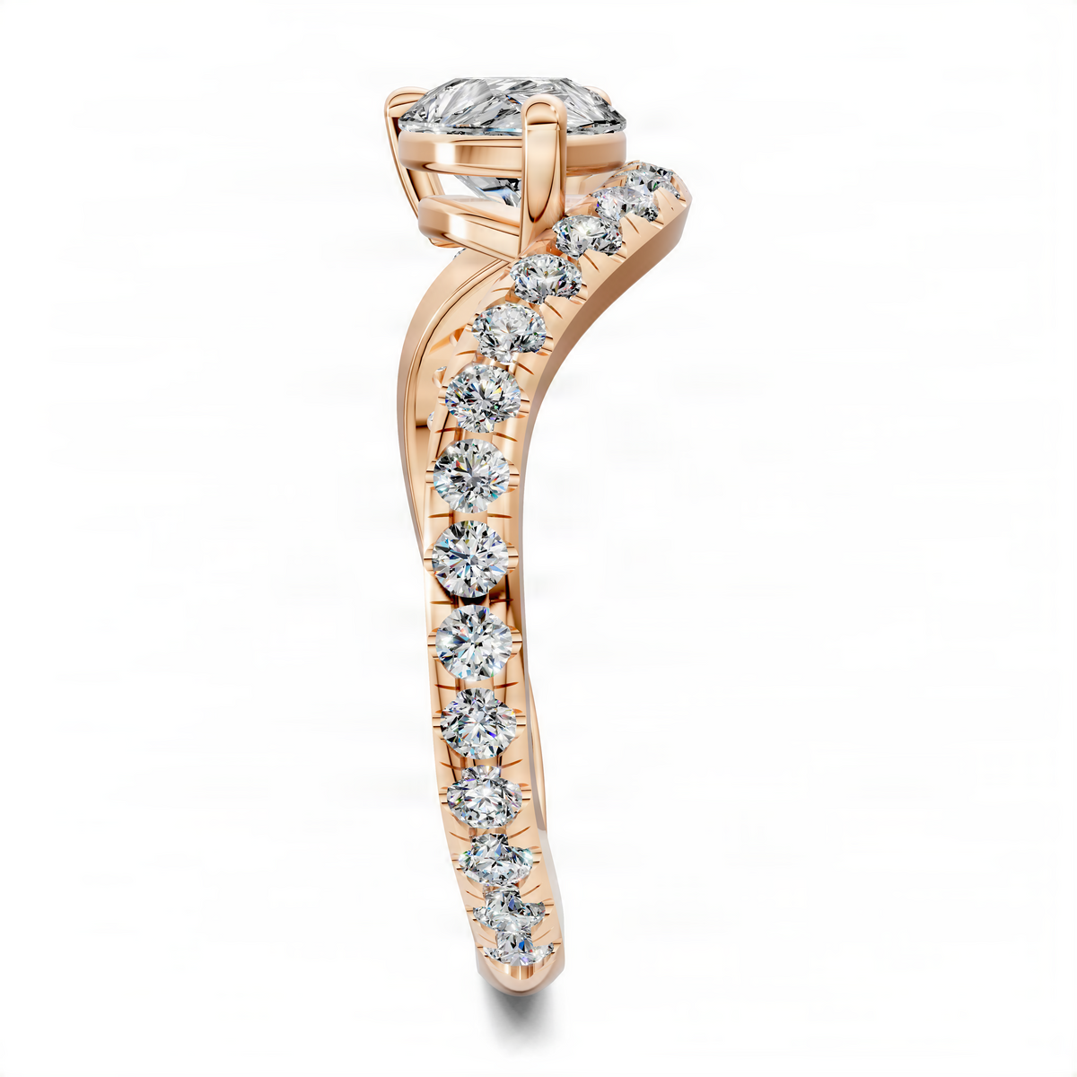 Rose gold east-west pavé ring with pear-cut center stone