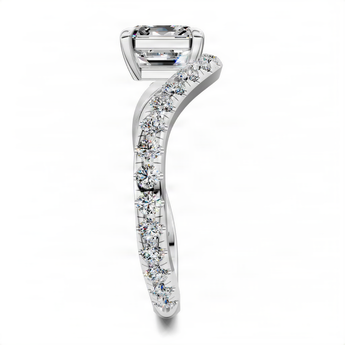 Opes Asscher east-west pavé ring with rectangular center stone and diamond band side view