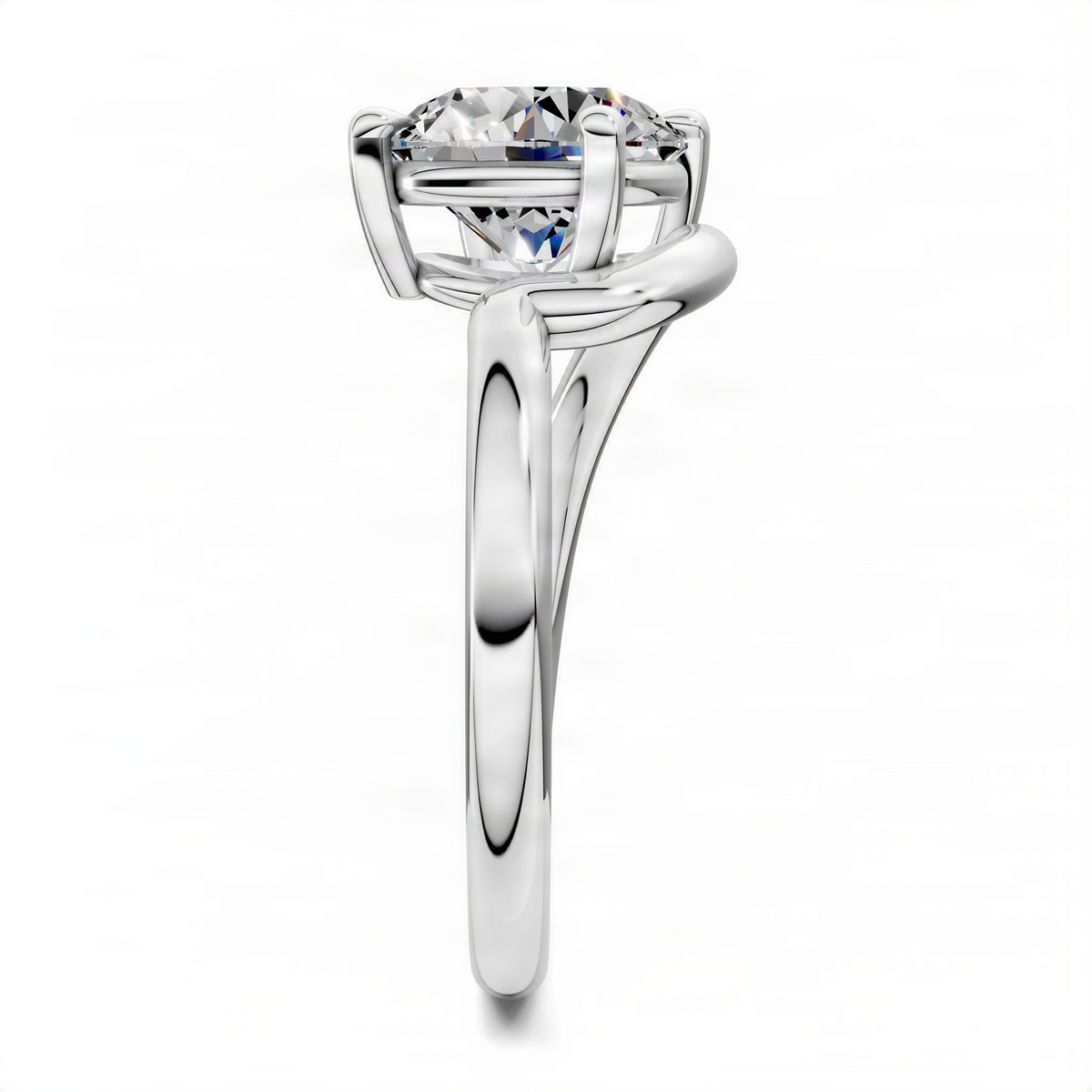 White gold round solitaire engagement ring front view, prongs and clear center stone