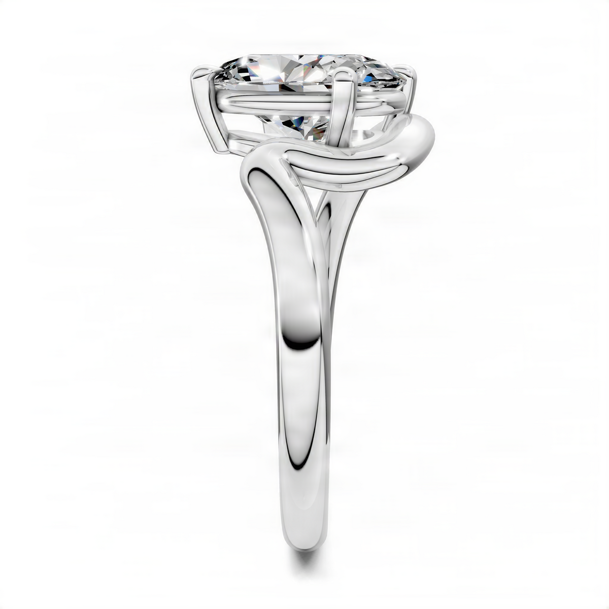Oval center diamond on white metal solitaire ring with tall sculpted prongs