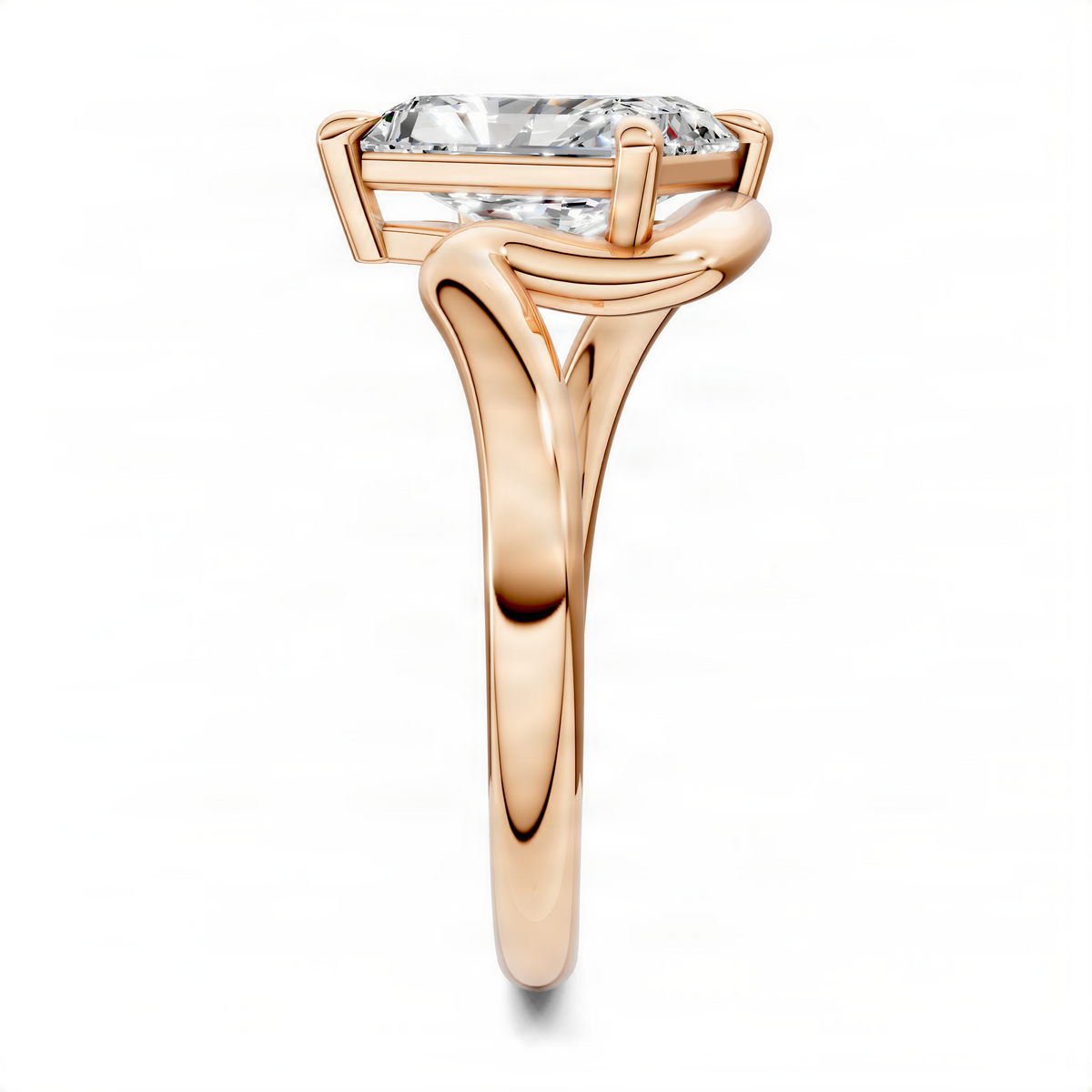 18K rose gold solitaire ring with rectangular center stone in geometric four-prong setting