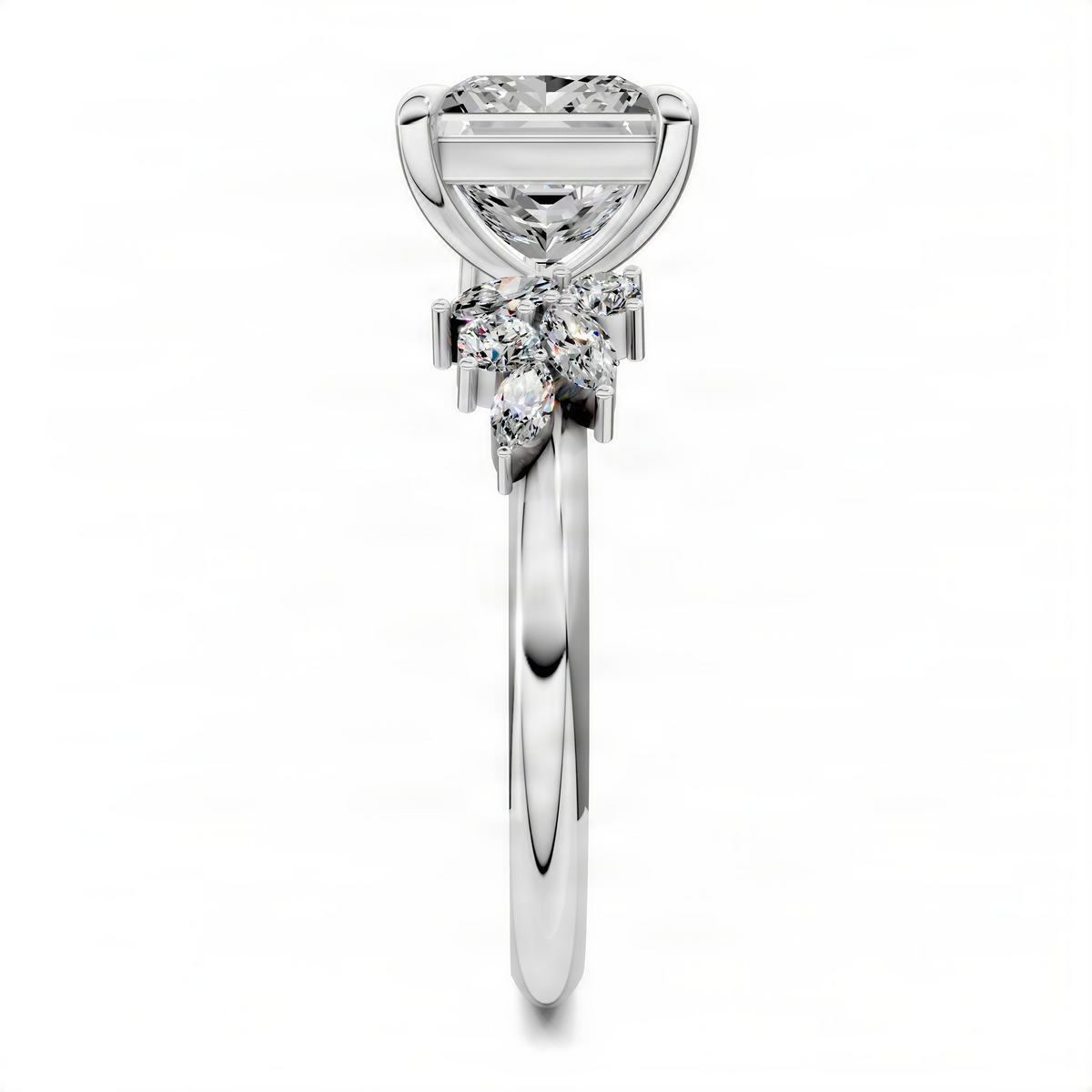 White gold princess-cut center cluster ring with marquise side stones and polished band