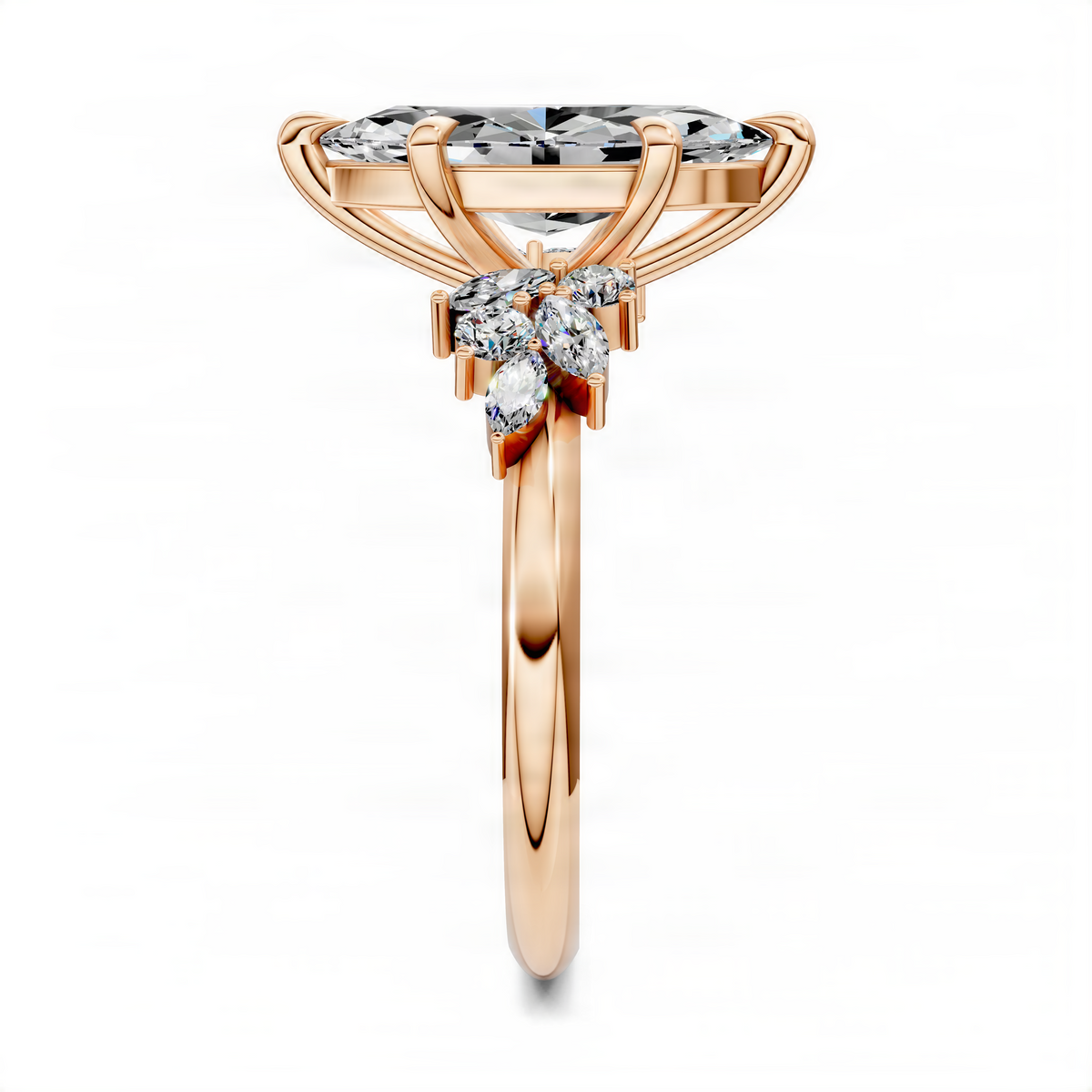 Rose gold marquise diamond engagement ring with floral side cluster and round stones
