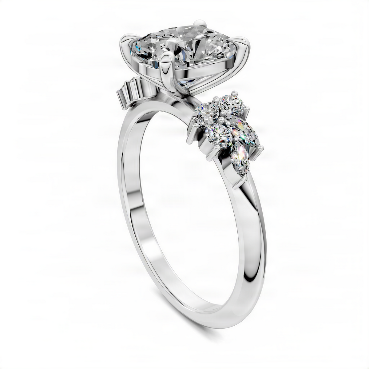 Opes cushion-cut diamond floral cluster ring in white gold, side profile view