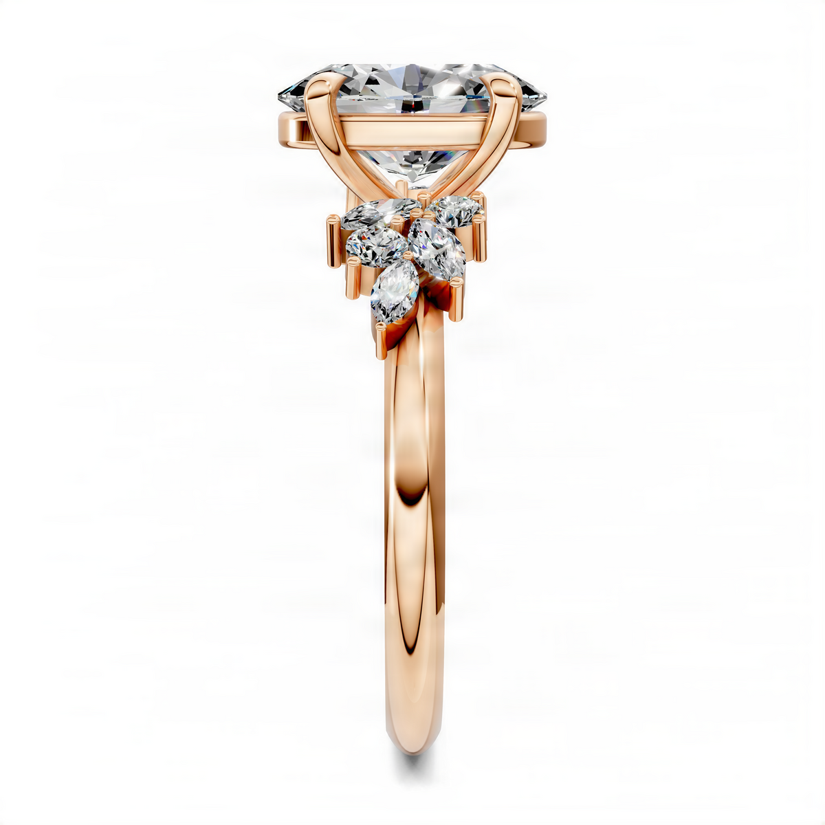 Rose gold oval halo ring with rectangular top setting and side cluster
