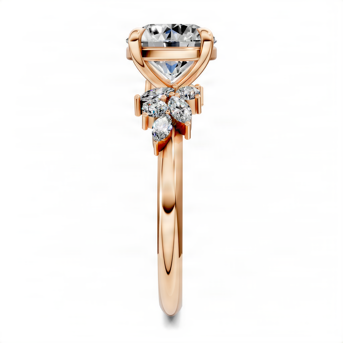 Rose-gold round floral cluster ring with oval center and round side diamonds