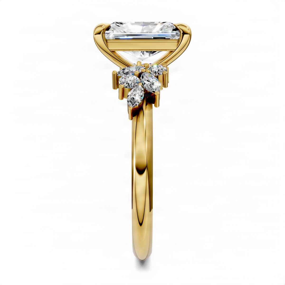Yellow gold ring with radiant-cut center stone and floral cluster side diamonds
