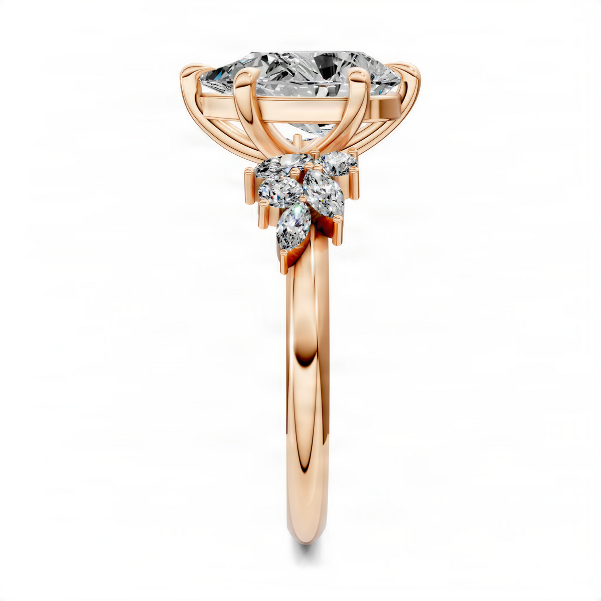 Rose gold pear floral cluster ring front view with three-stone cluster center
