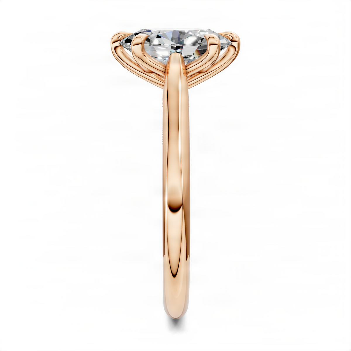 Rose gold oval petal ring with oval center diamond and layered petal band