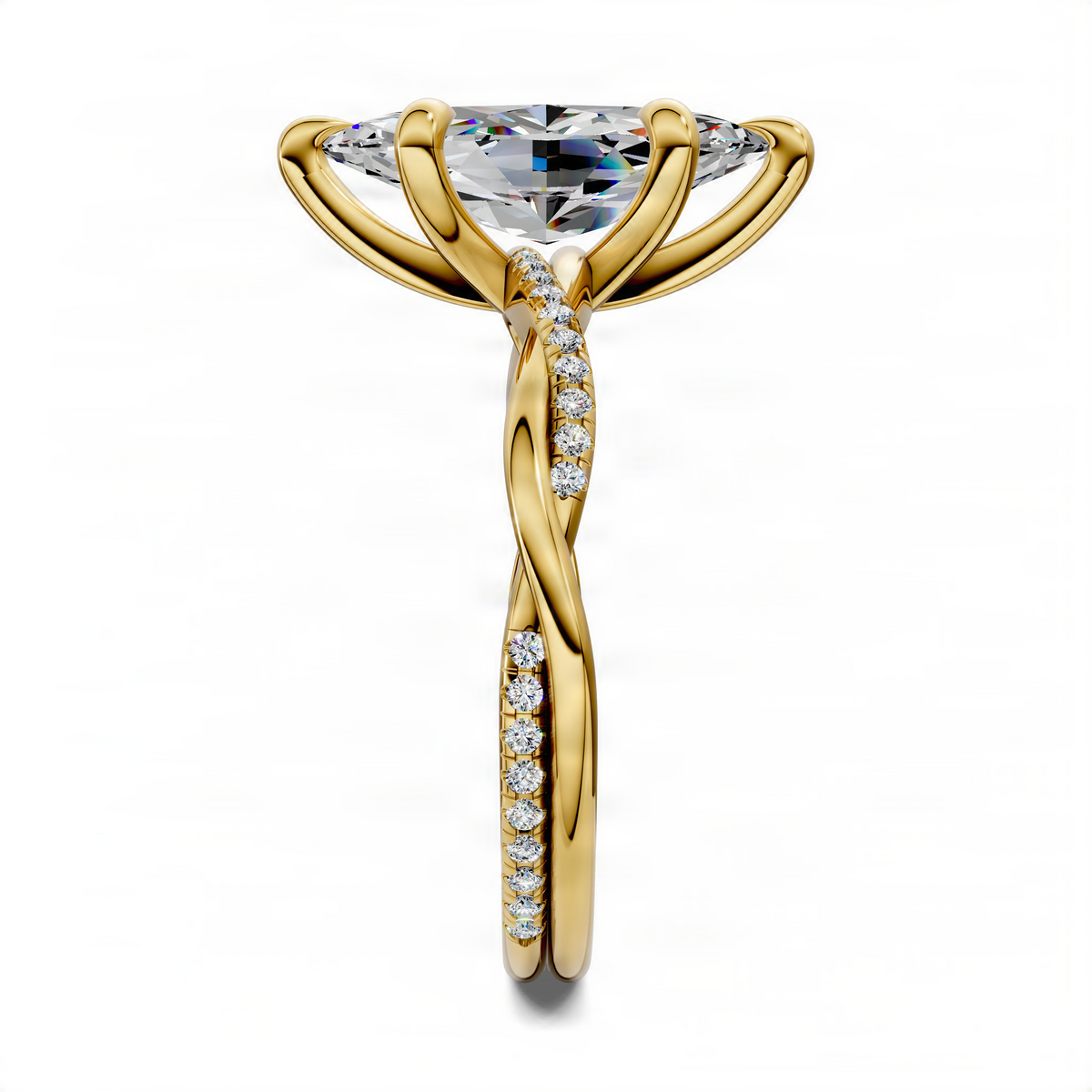 Marquise twisted pavé ring in yellow gold with scalloped diamond band