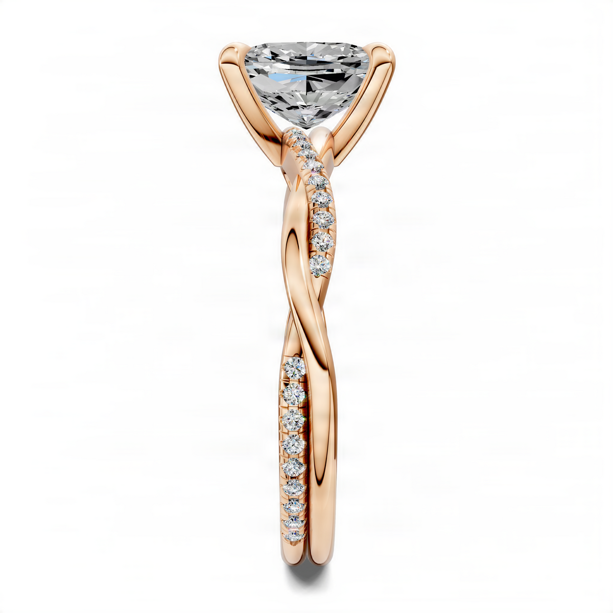 Rose gold twisted pavé ring with scalloped band and round center stone