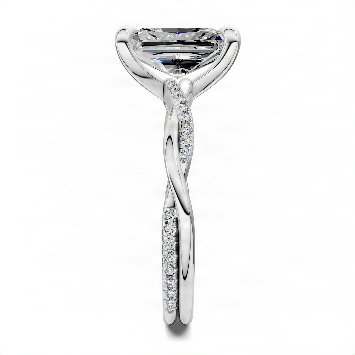 Radiant-cut solitaire ring with twisted pavé band