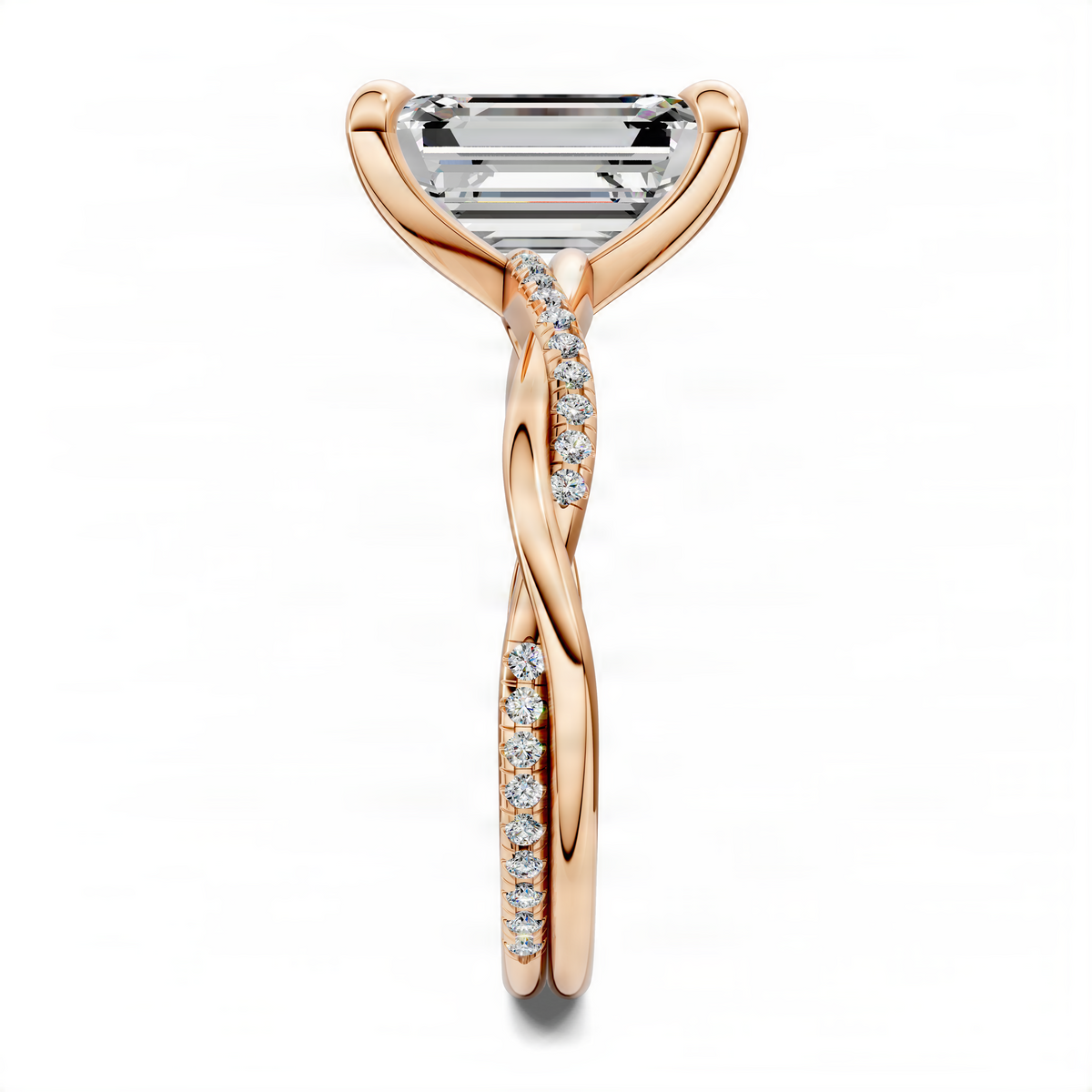 Emerald-cut pavé twisted ring in rose gold with scalloped diamond accents