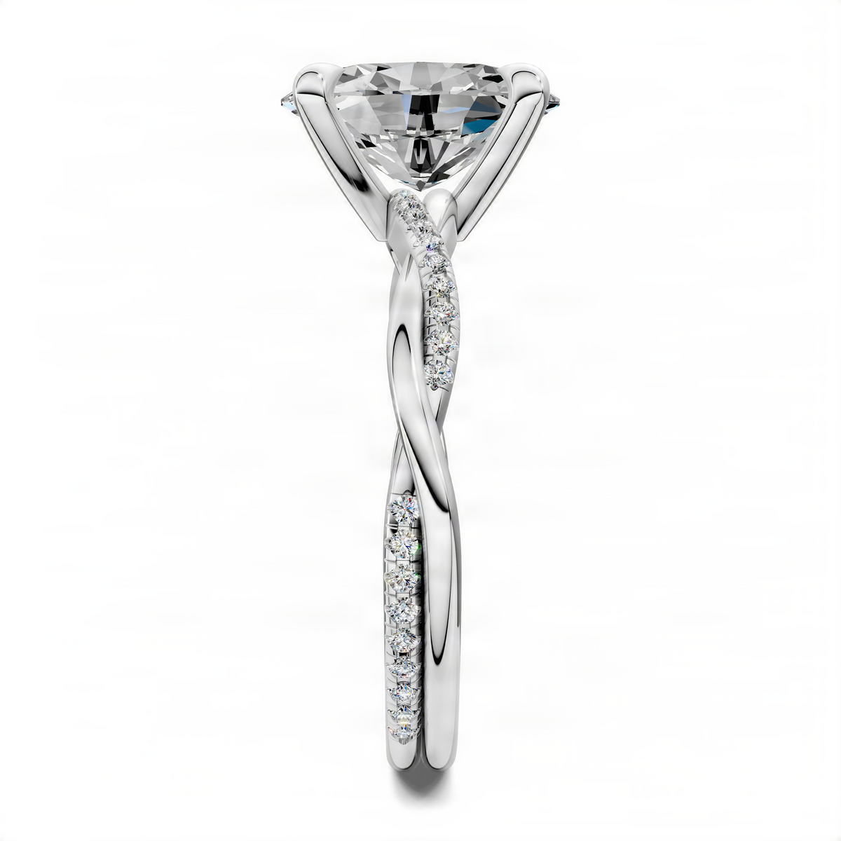 Oval twisted pavé ring in white metal with prong-set center stone