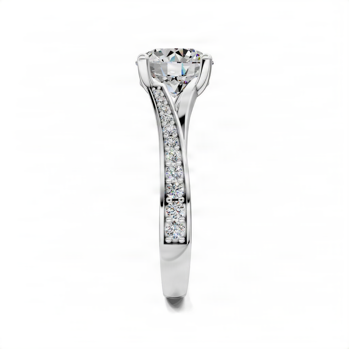 Round split-shank pave engagement ring in white metal with round center stone