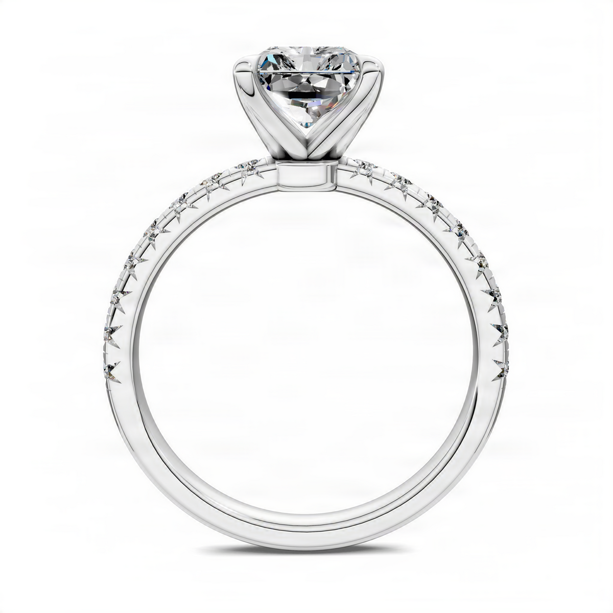 Platinum scalloped pavé ring with round center stone, side profile