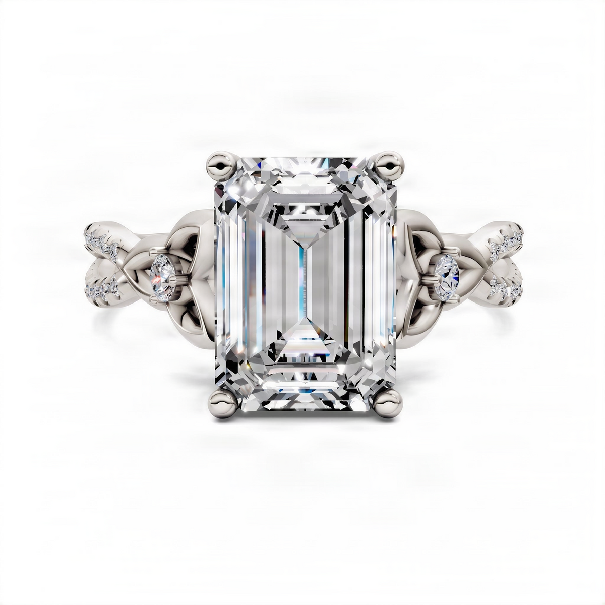 Silver-tone love knot engagement ring with emerald-cut center stone and side stones