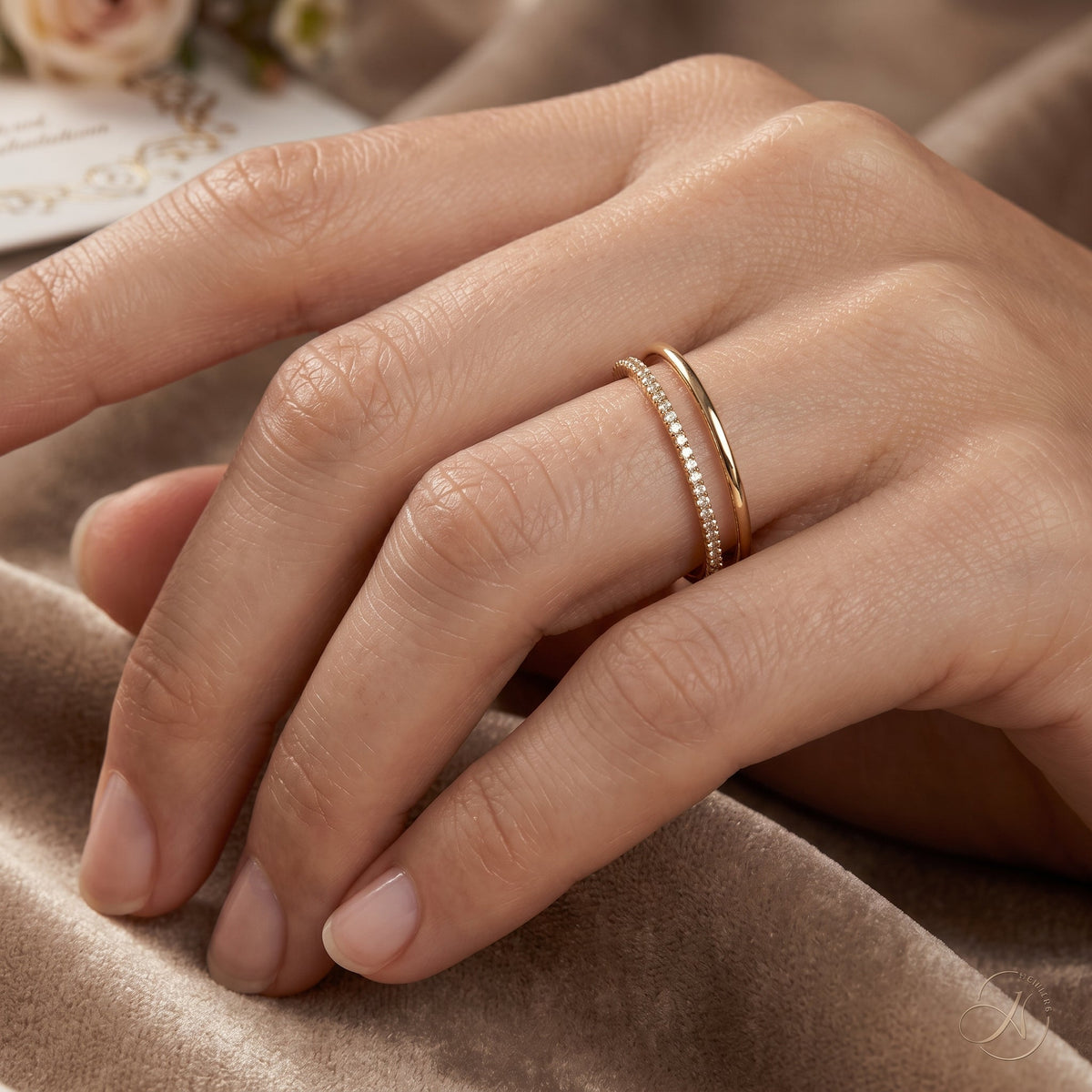 Gold wedding bands and rings with lab and natural diamonds by Opes & Co