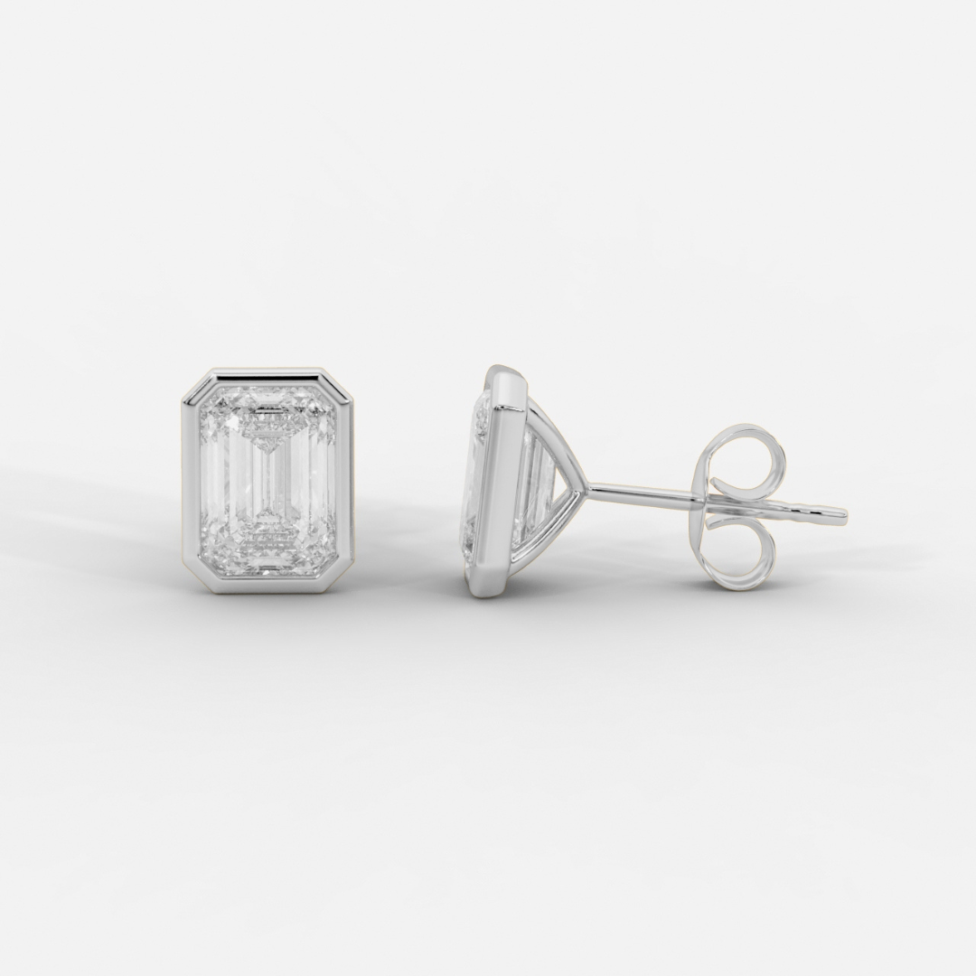 Emerald cut lab grown diamond bezel stud earrings in gold by Opes & Co