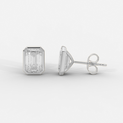 Emerald cut lab grown diamond bezel stud earrings in gold by Opes & Co