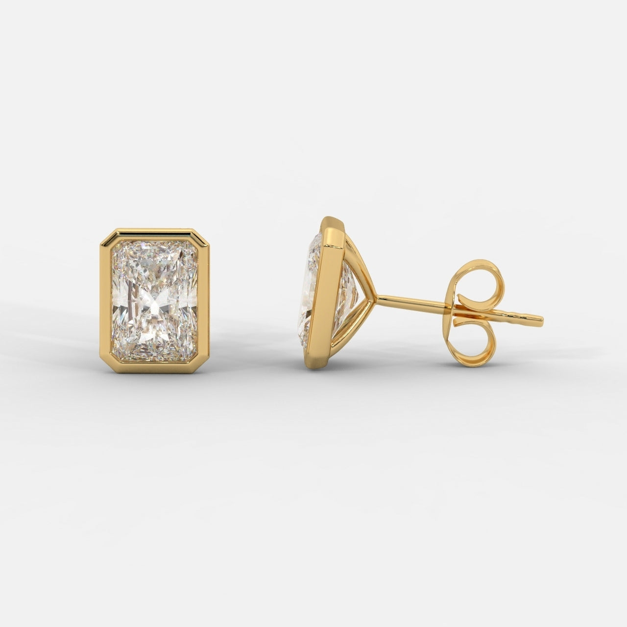 Radiant cut lab grown diamond bezel stud earrings in gold by Opes & Co