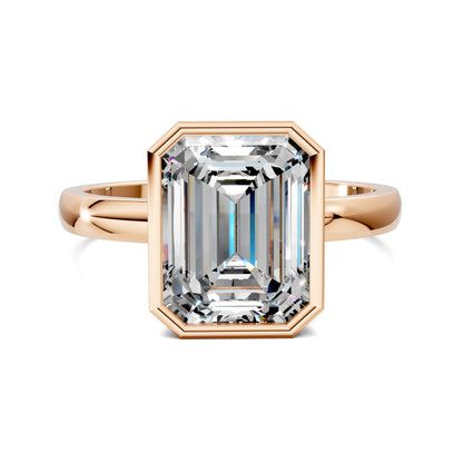 2.5 carat lab grown diamond engagement ring emerald cut bezel setting in gold by Opes & Co