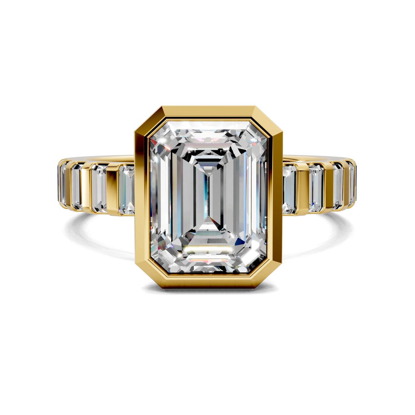 2 carat lab grown diamond engagement ring emerald cut bezel setting in gold by Opes & Co