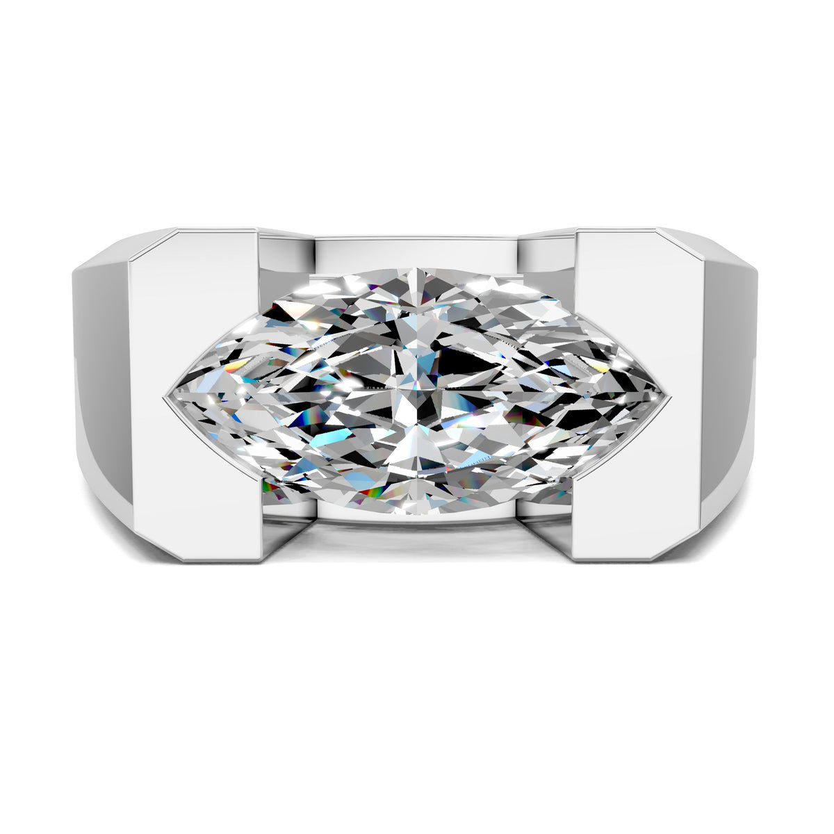 Marquise lab diamond engagement ring with white metal split-shank setting