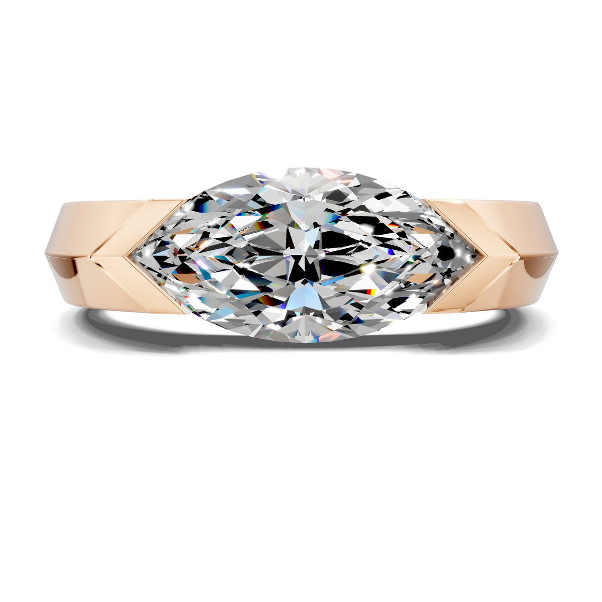 Marquise east-west lab diamond ring, yellow gold geometric bezel and polished band