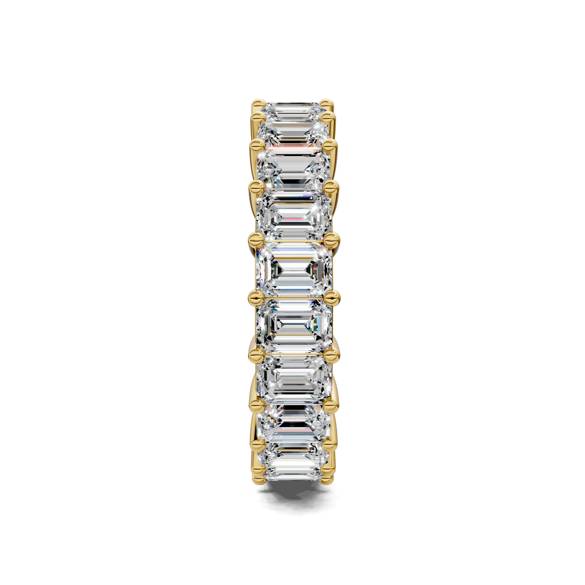 Yellow gold emerald-cut lab diamond eternity band ring, side profile with stacked stones
