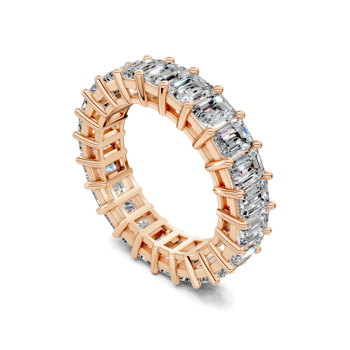Rose gold emerald-cut lab diamond eternity band ring, angled view of set stones