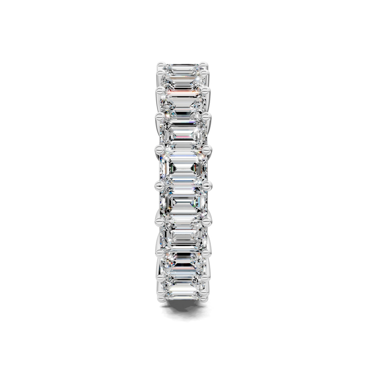 Emerald-cut lab diamond eternity band ring with rectangular stones on silver-toned metal