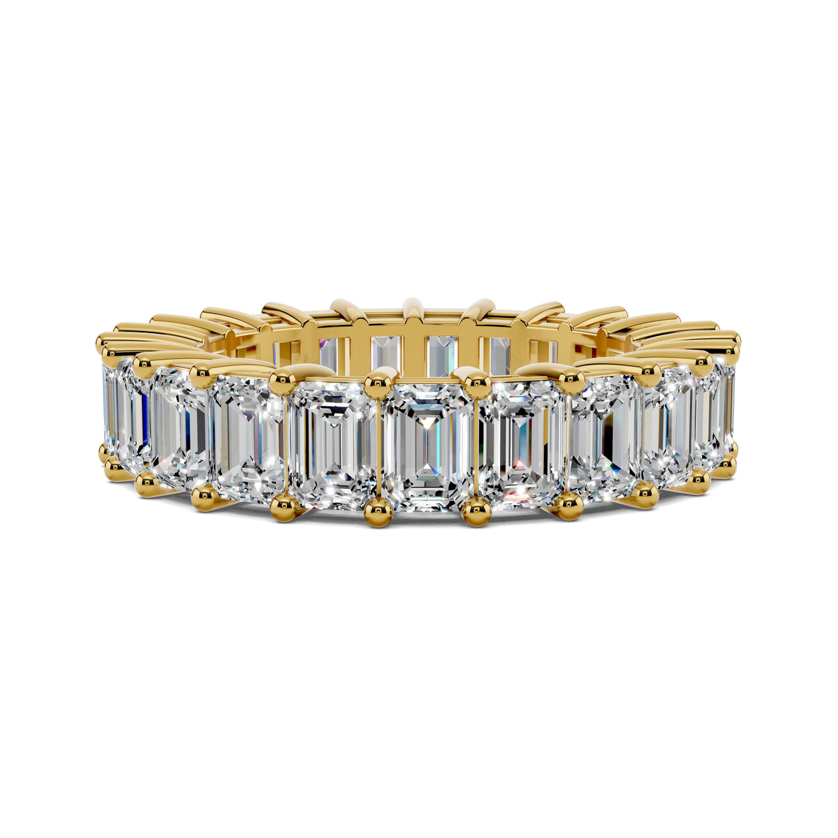 Yellow gold emerald-cut lab diamond eternity band ring with prong-set stones