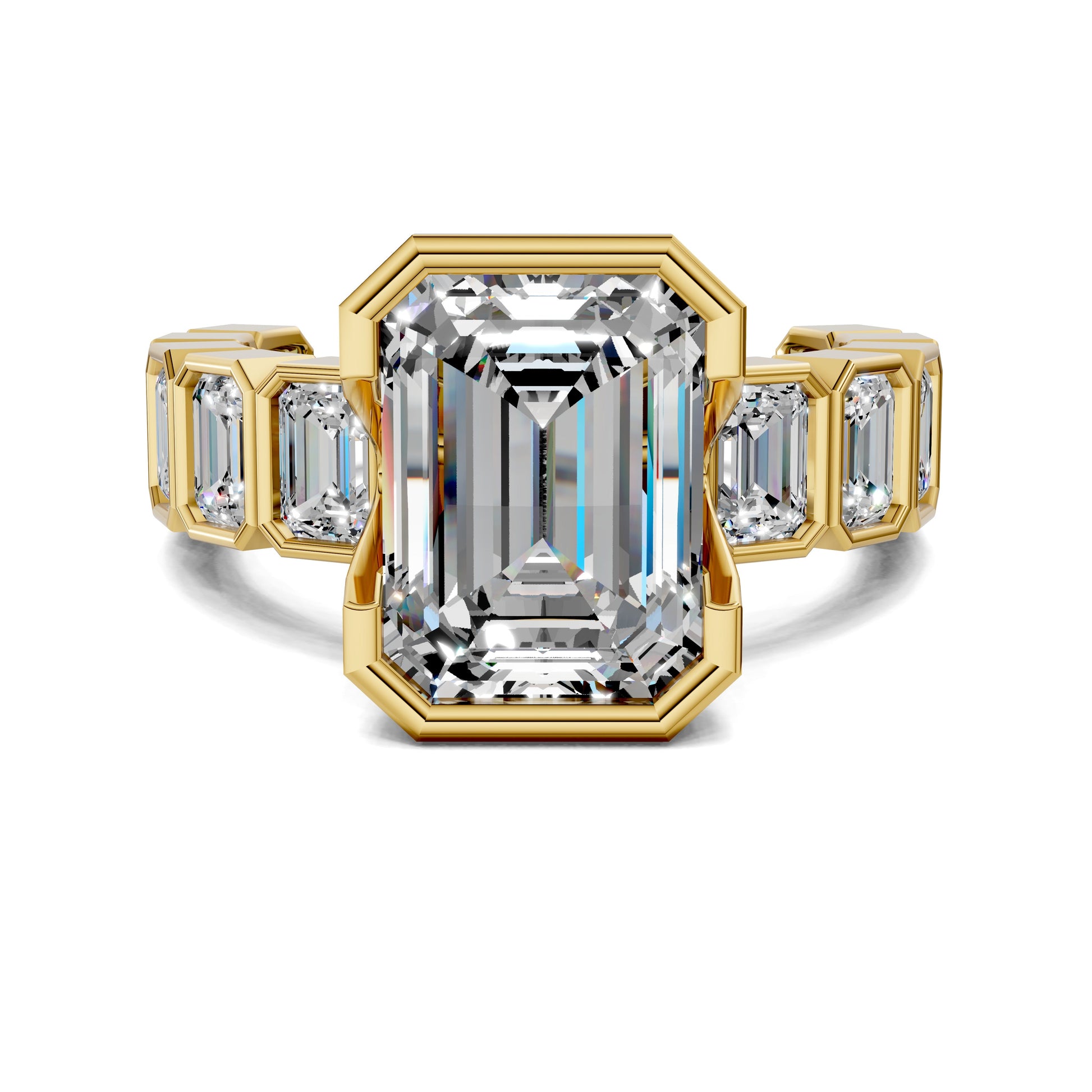 3 carat lab grown diamond engagement ring emerald cut eternity setting in gold by Opes & Co